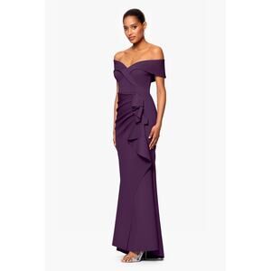 Xscape Plum Purple Scuba Off-The-Shoulder Draped Evening Formal Gown Size 12